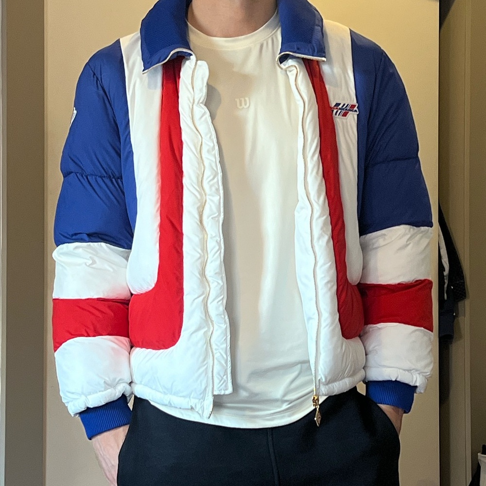 Men's Blue, Red, and White Puffer Jacket